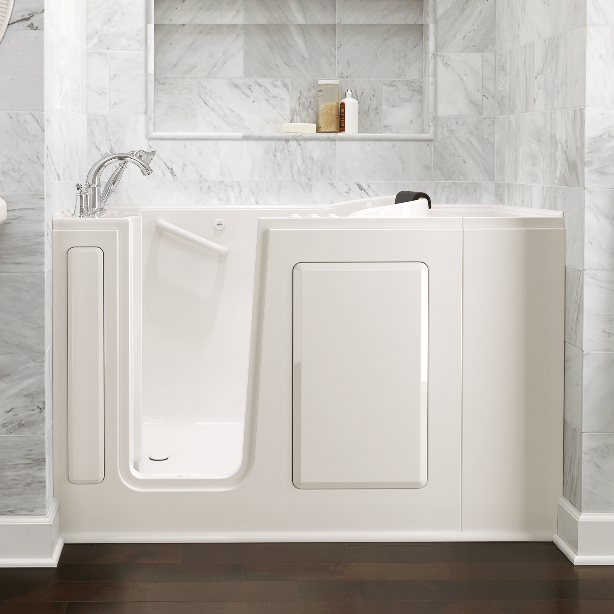 Gelcoat Premium Series 48x28 Inch Walk-In Bathtub with Dual Air Massage and Jet Massage System - Left Hand Door and Drain